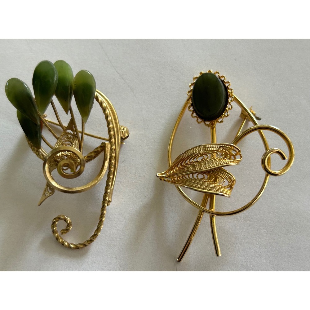 Pair Of Faux Jade And Gold Tone Brooches For One‎ Price